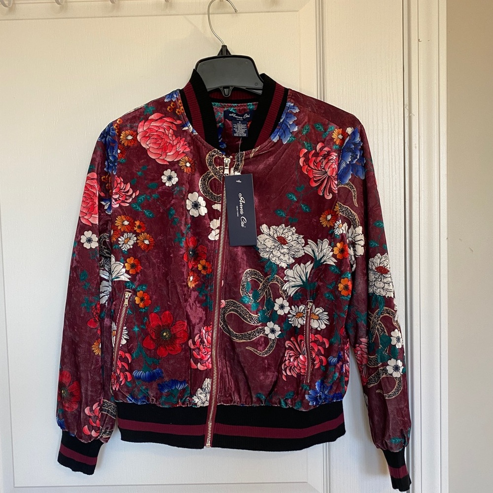 Anna Cai New York velvet floral print bomber jacket.
